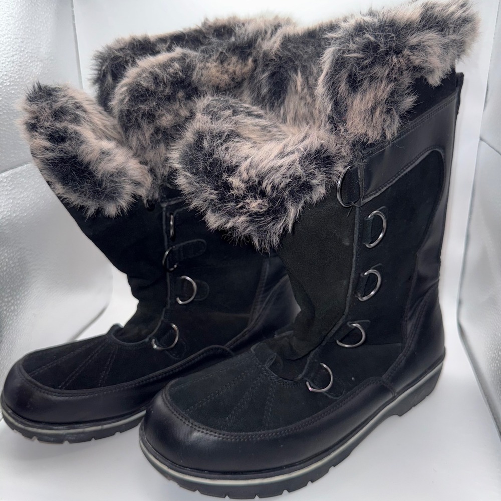 Y2K Mob Wife Black Faux Fur Trim Winter Snow Boots Size 9 Women Gorpcore Hiking
